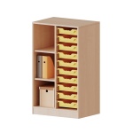 ErgoTray Regal, 2reihig, 3 OH, fahrbar, links 3 Fächer, rechts 10 flache Boxen, B/H/T 70,3x118x40cm 